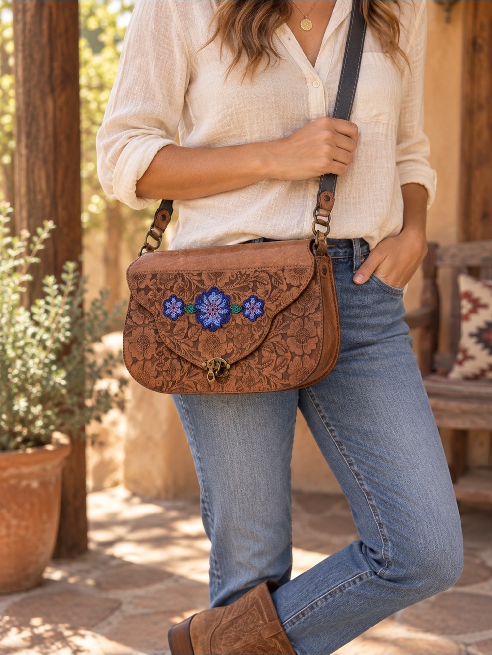 Embroidered Tooled Brown Crossbody Bag